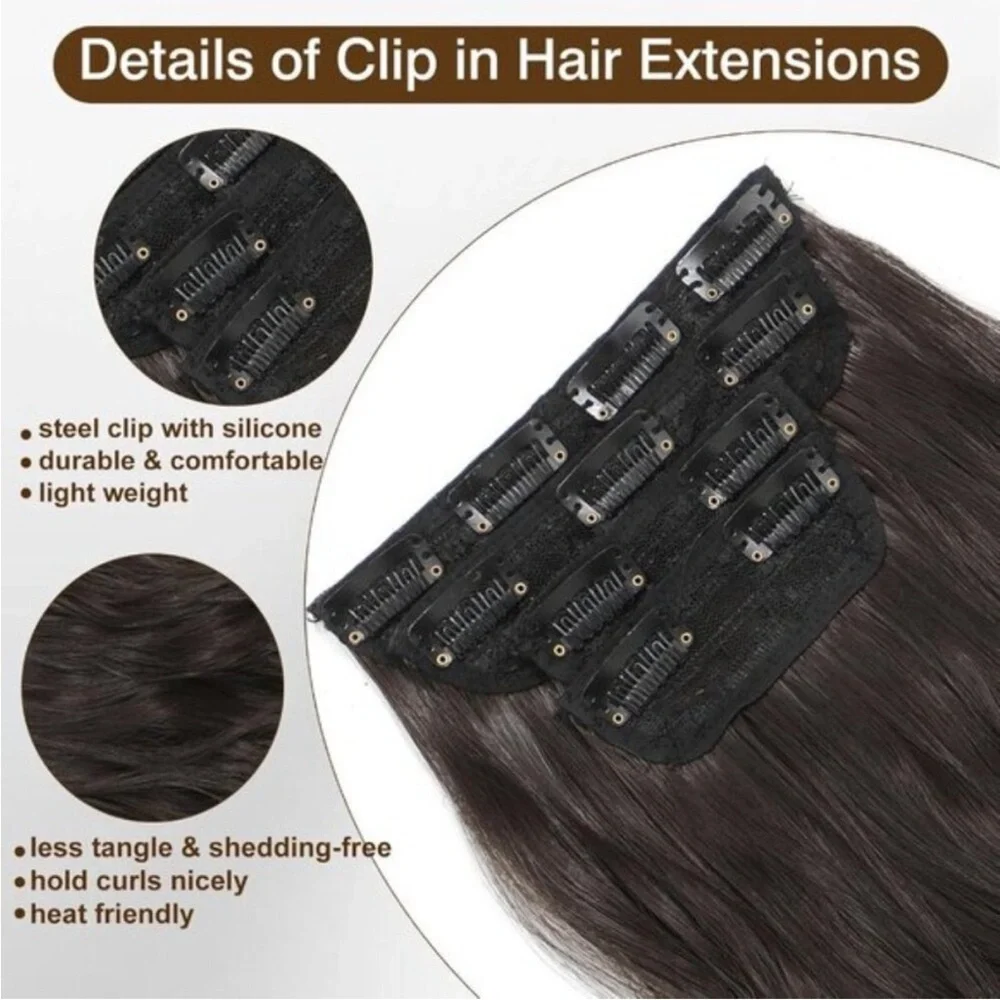 New Clip-in Hair Extensions Dark Brown 4PCS Long Wavy Soft Thick